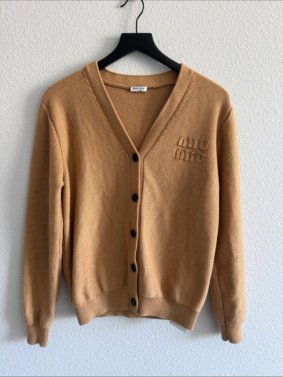Miu Miu Sweaters - Miu Miu Camel Logo Wool-blend V-neck Cardigan